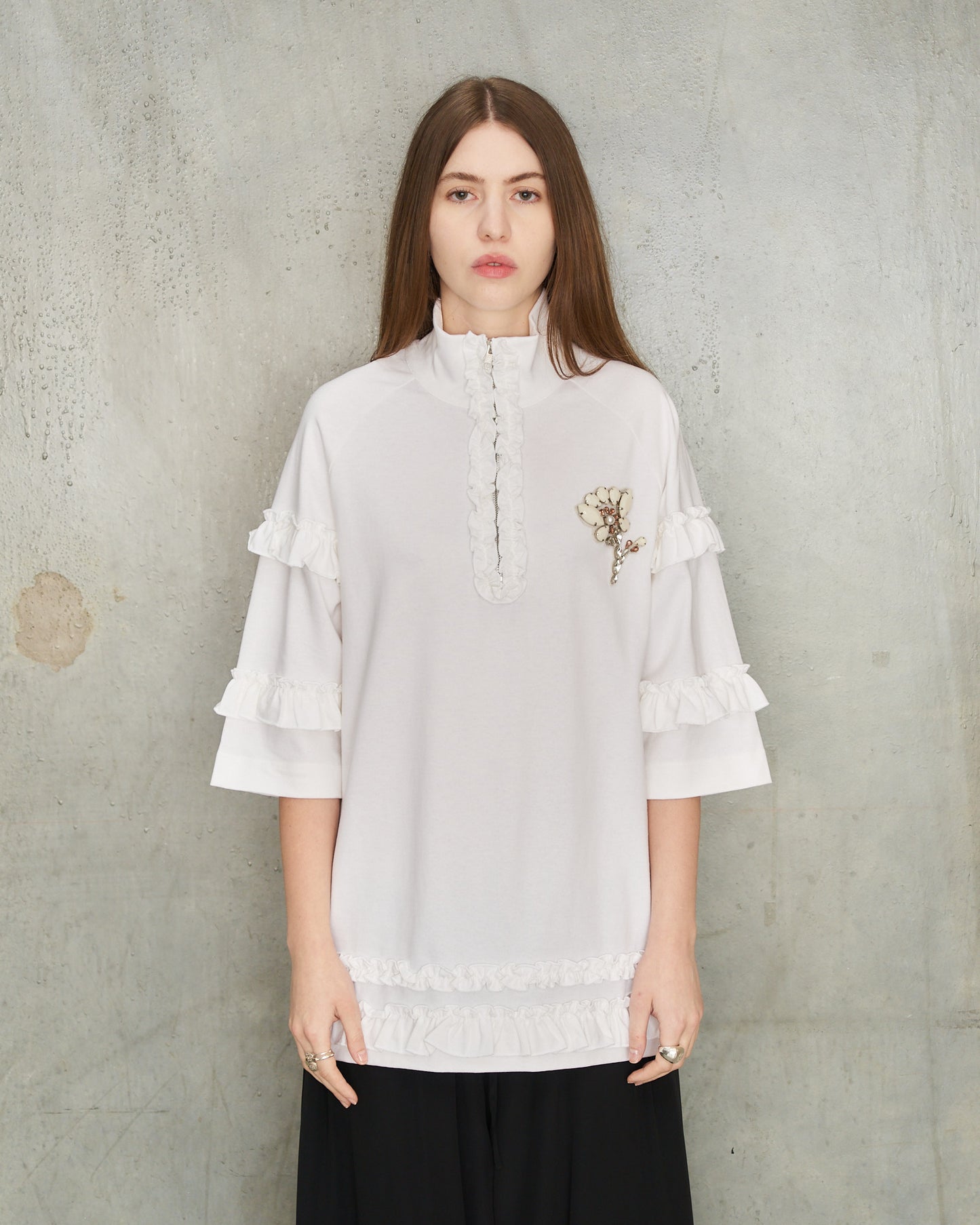 White Embellished Frill Zip T-Shirt