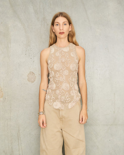 Beige Embroidered Basic Tank
