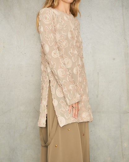 Beige Embroidered Split Top