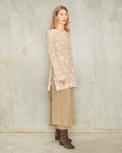 Beige Embroidered Split Top