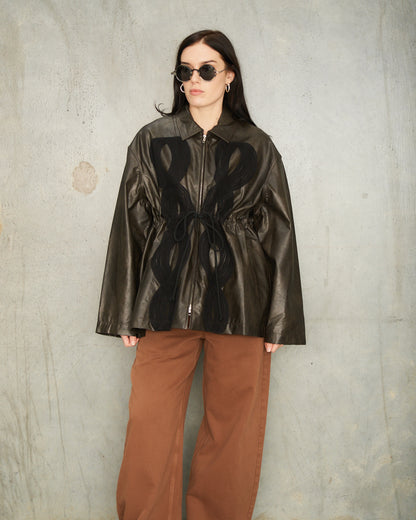 Brown Faux Leather Appliqué Jacket