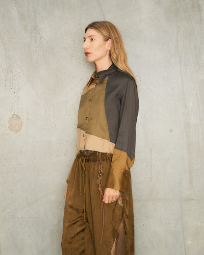 Khaki Patchwork Cropped Shirt