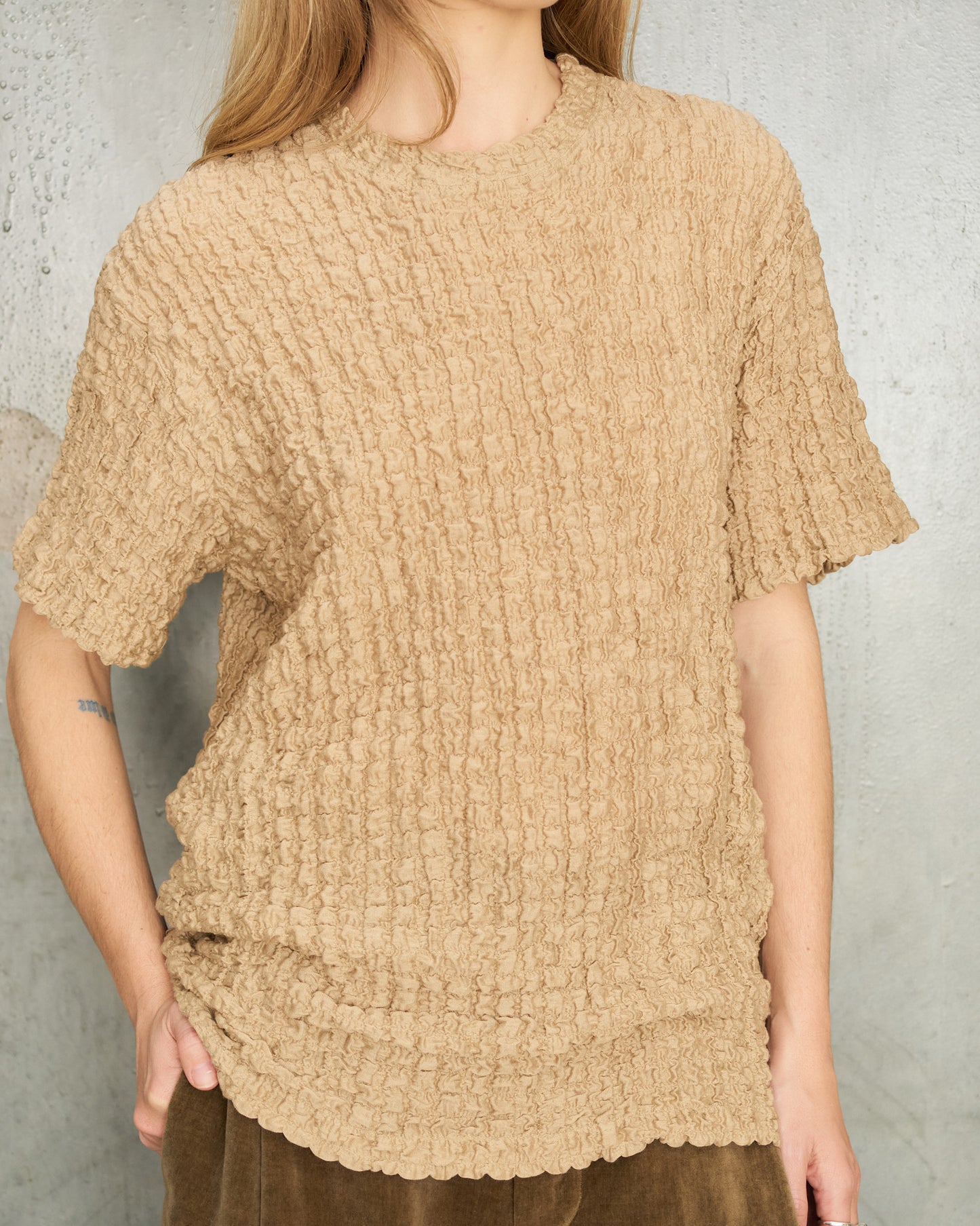 Beige Popcorn Boxy T-Shirt