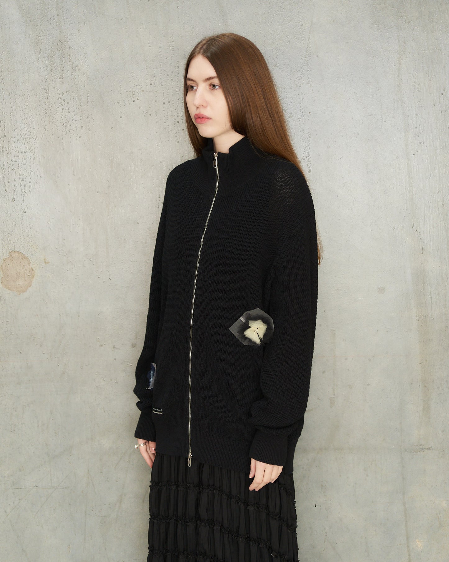 Black Flower Zip Up Cardigan