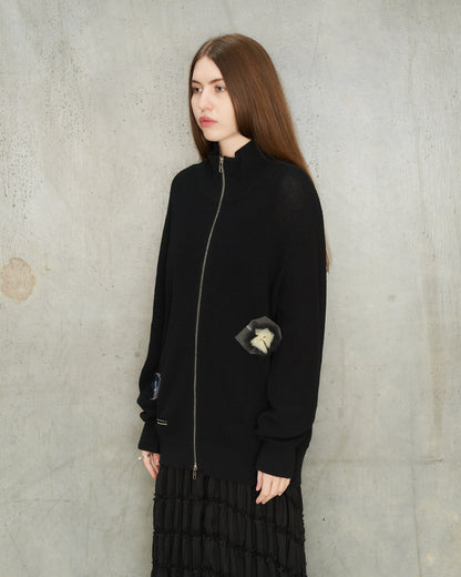 Black Flower Zip Up Cardigan