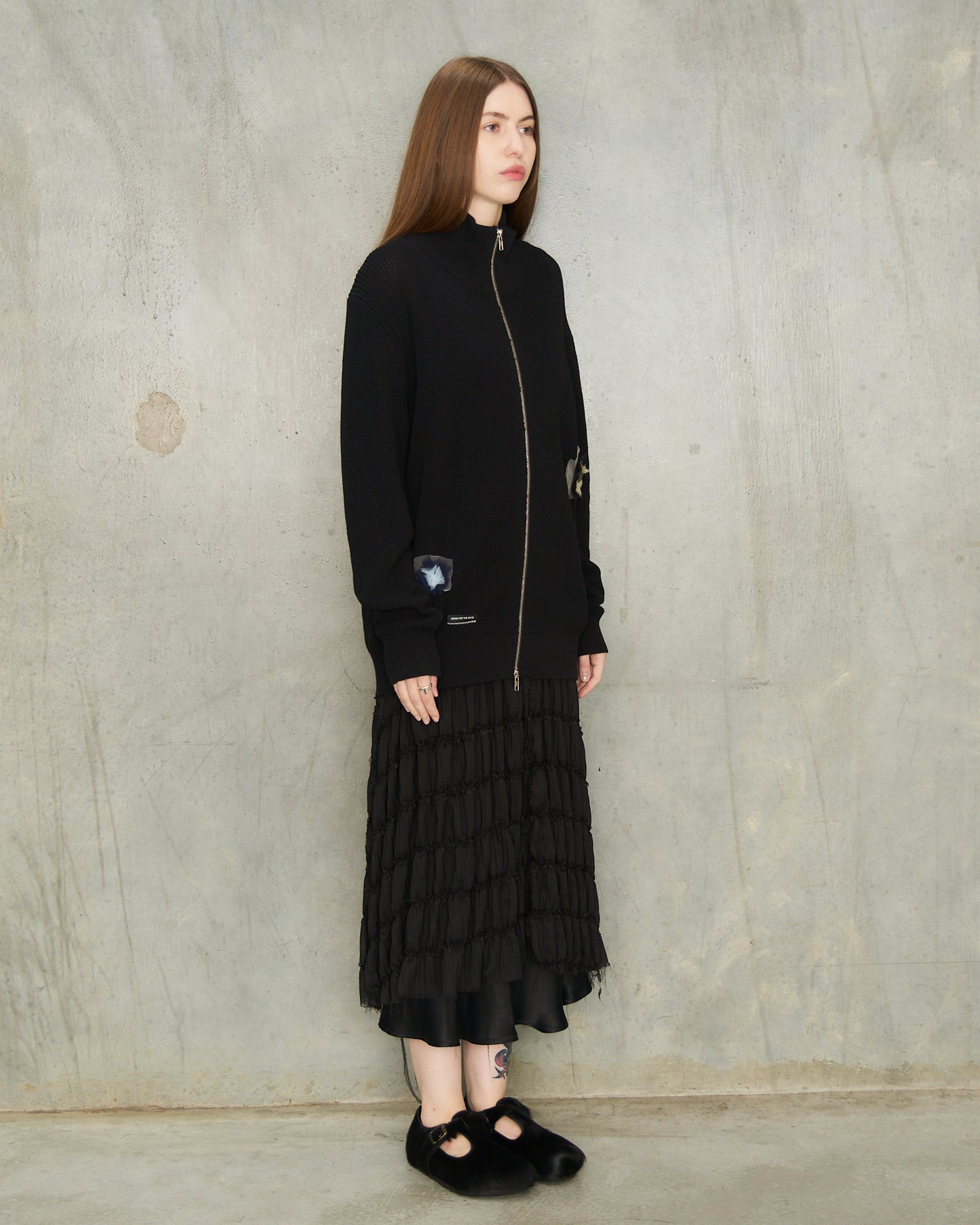Black Flower Zip Up Cardigan