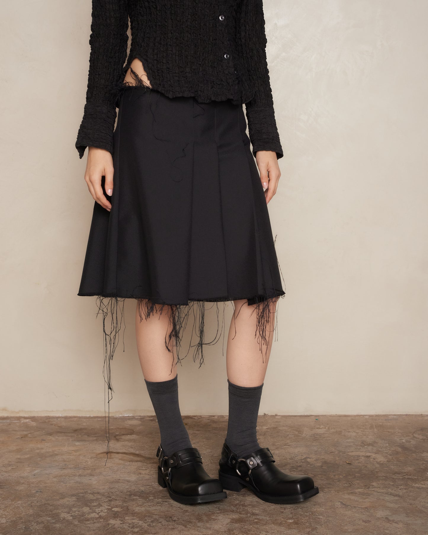 Frayed Pleated Mini Skirt