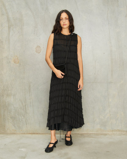 Black Gathered Chiffon Dress