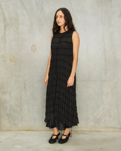 Black Gathered Chiffon Dress