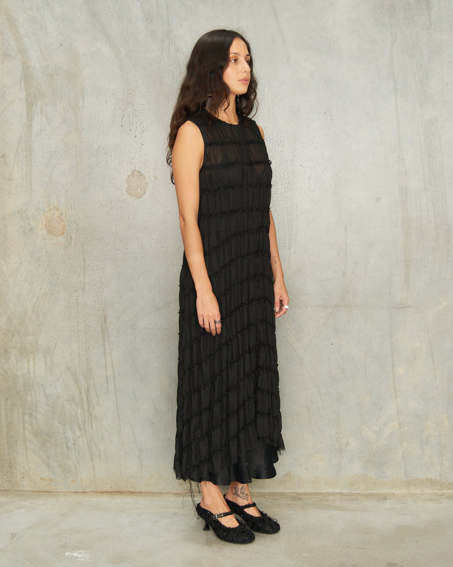 Black Gathered Chiffon Dress