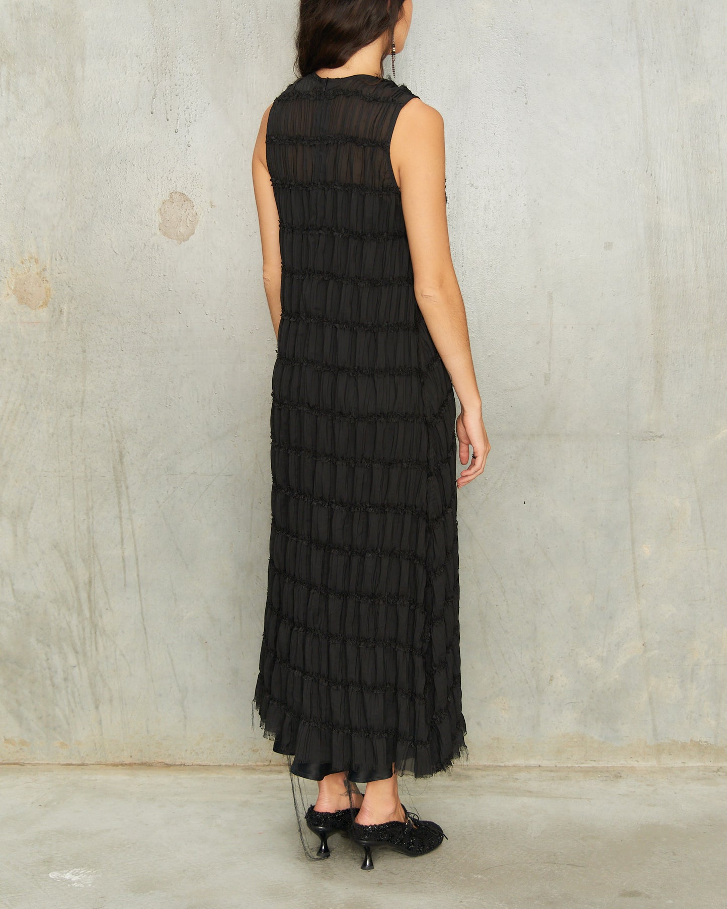 Black Gathered Chiffon Dress