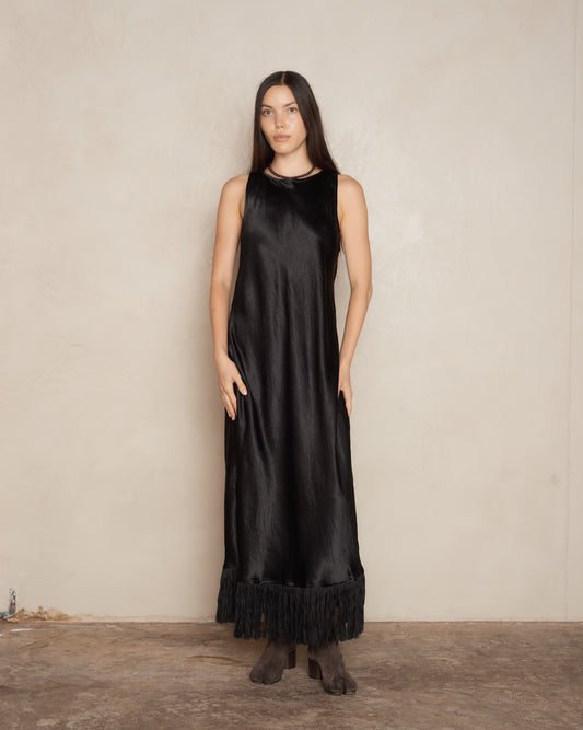 Black Satin Drape Tank Dress