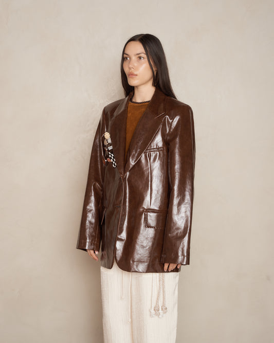 Brown Oversized Coated Cotton Blazer