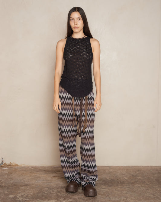 Brown Zig Zag Knit Wide Leg Track Pant