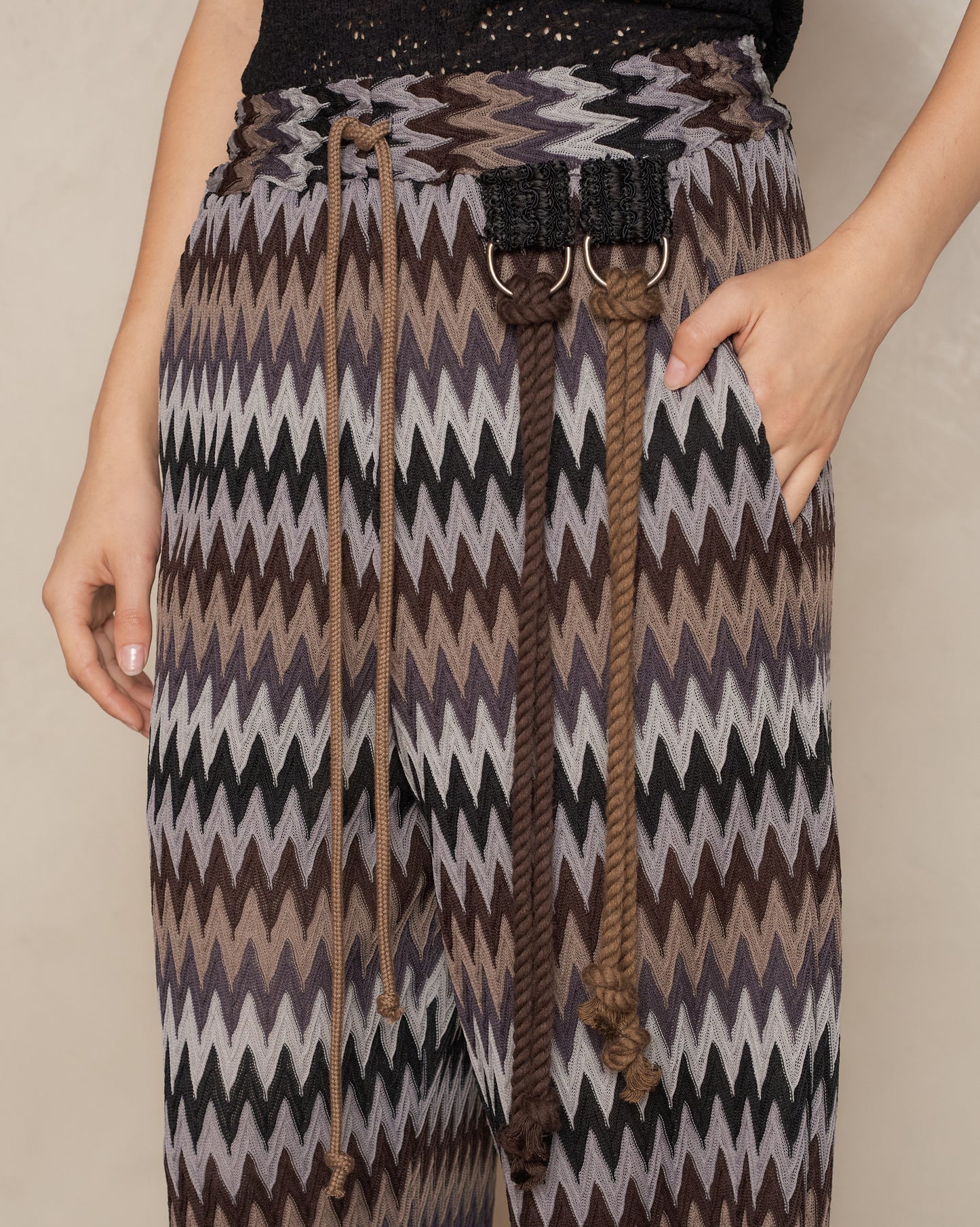 Brown Zig Zag Knit Wide Leg Track Pant