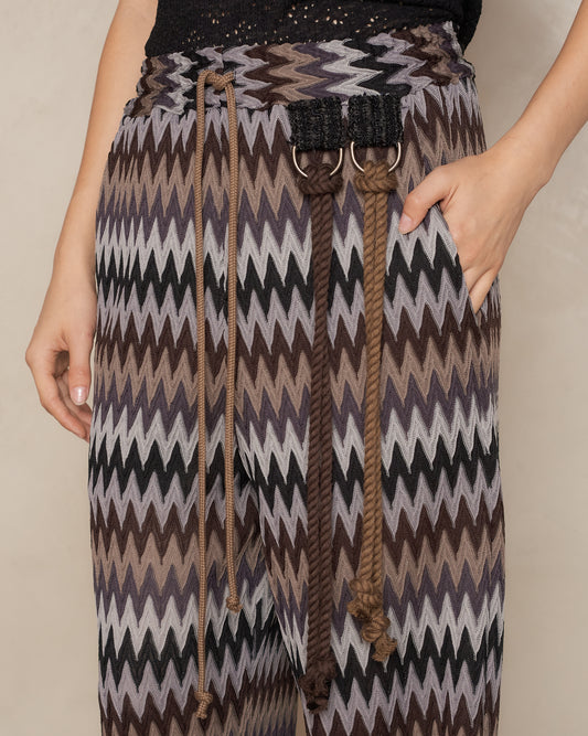 Brown Zig Zag Knit Wide Leg Track Pant