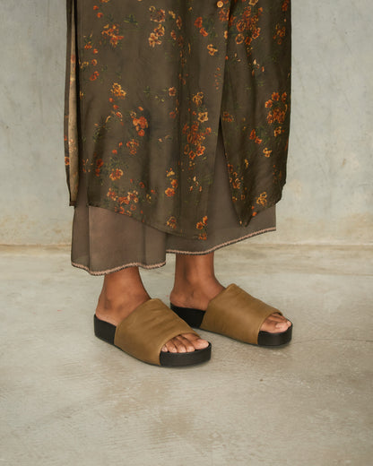 Dark Olive Leather Slides