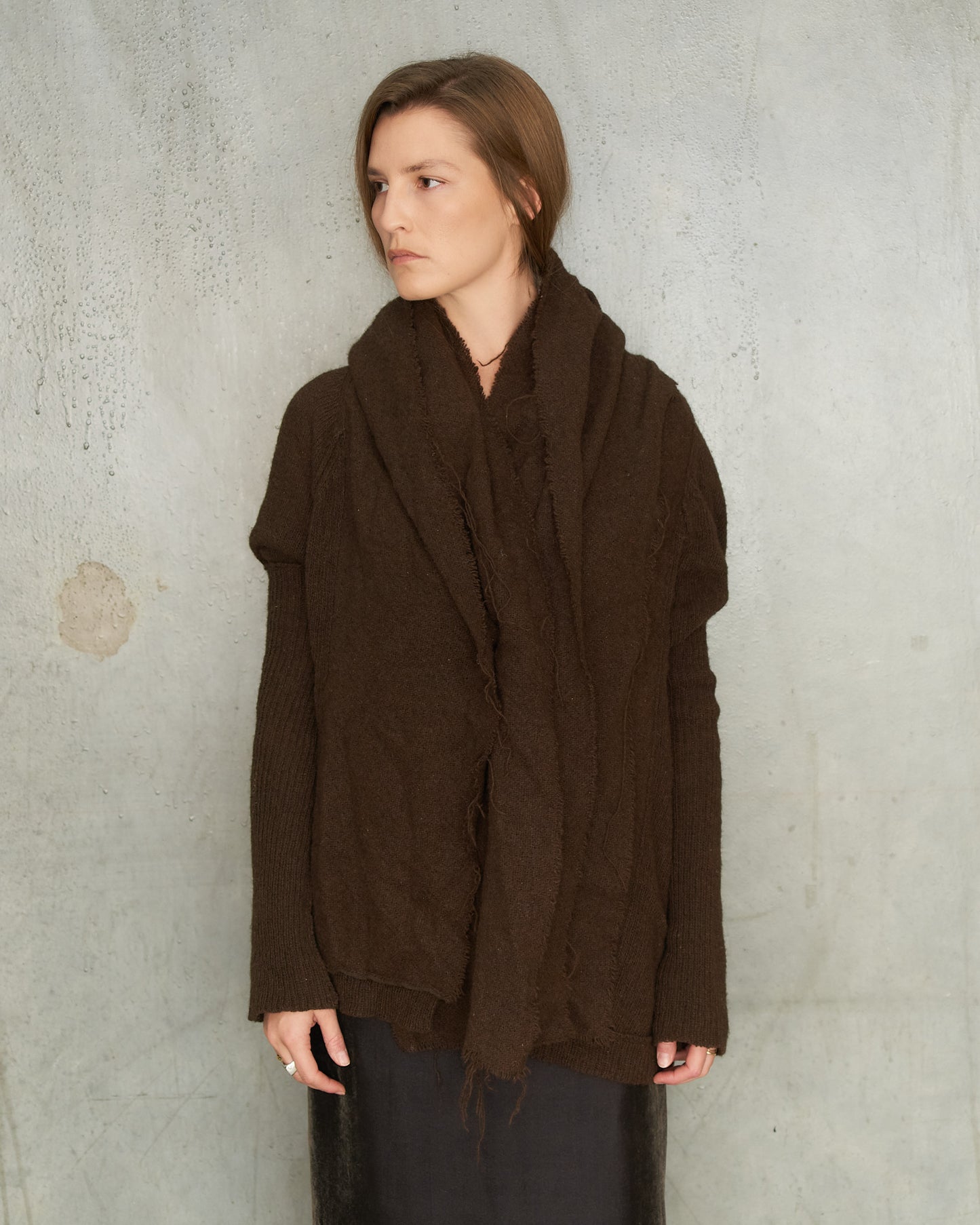 Y's FW2003 Brown Wool Deconstructed Knit Cardigan