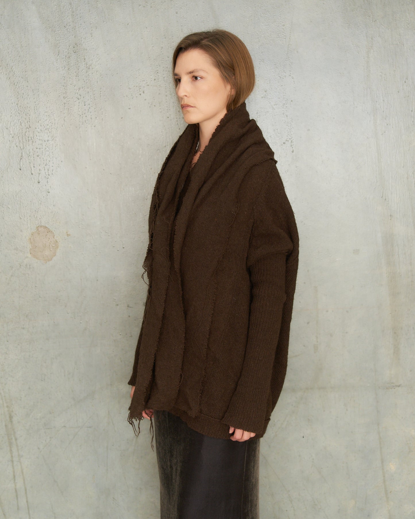 Y's FW2003 Brown Wool Deconstructed Knit Cardigan