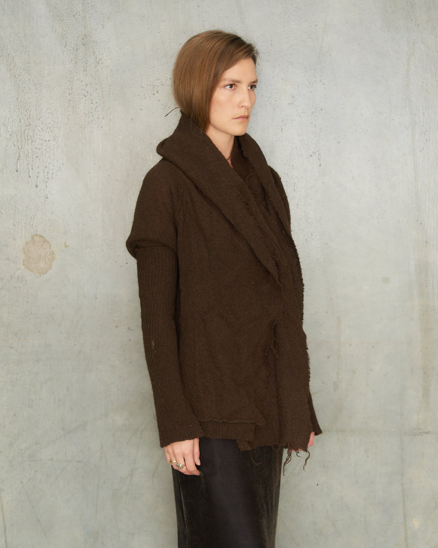 Y's FW2003 Brown Wool Deconstructed Knit Cardigan