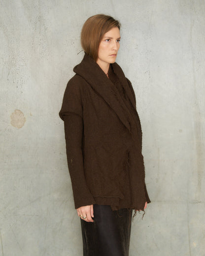Y's FW2003 Brown Wool Deconstructed Knit Cardigan
