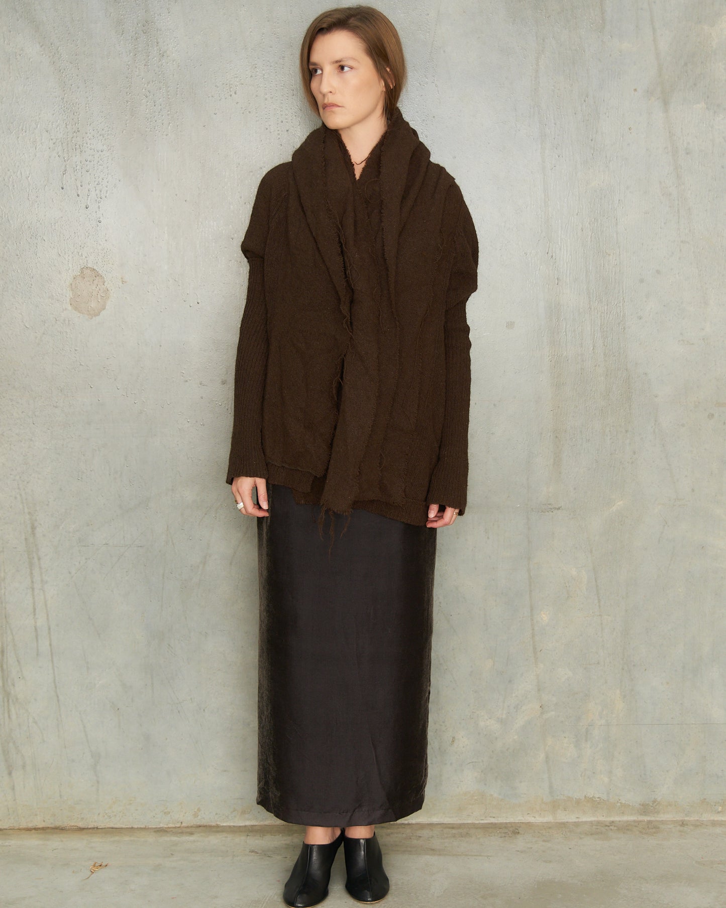Y's FW2003 Brown Wool Deconstructed Knit Cardigan