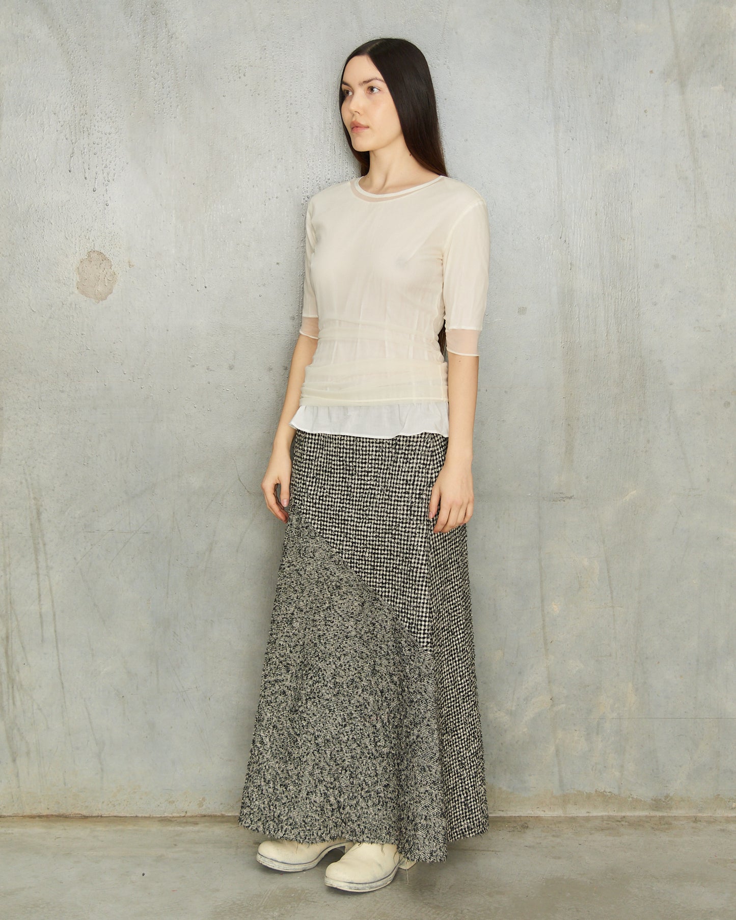 Y's Grey Herringbone Paneled Skirt