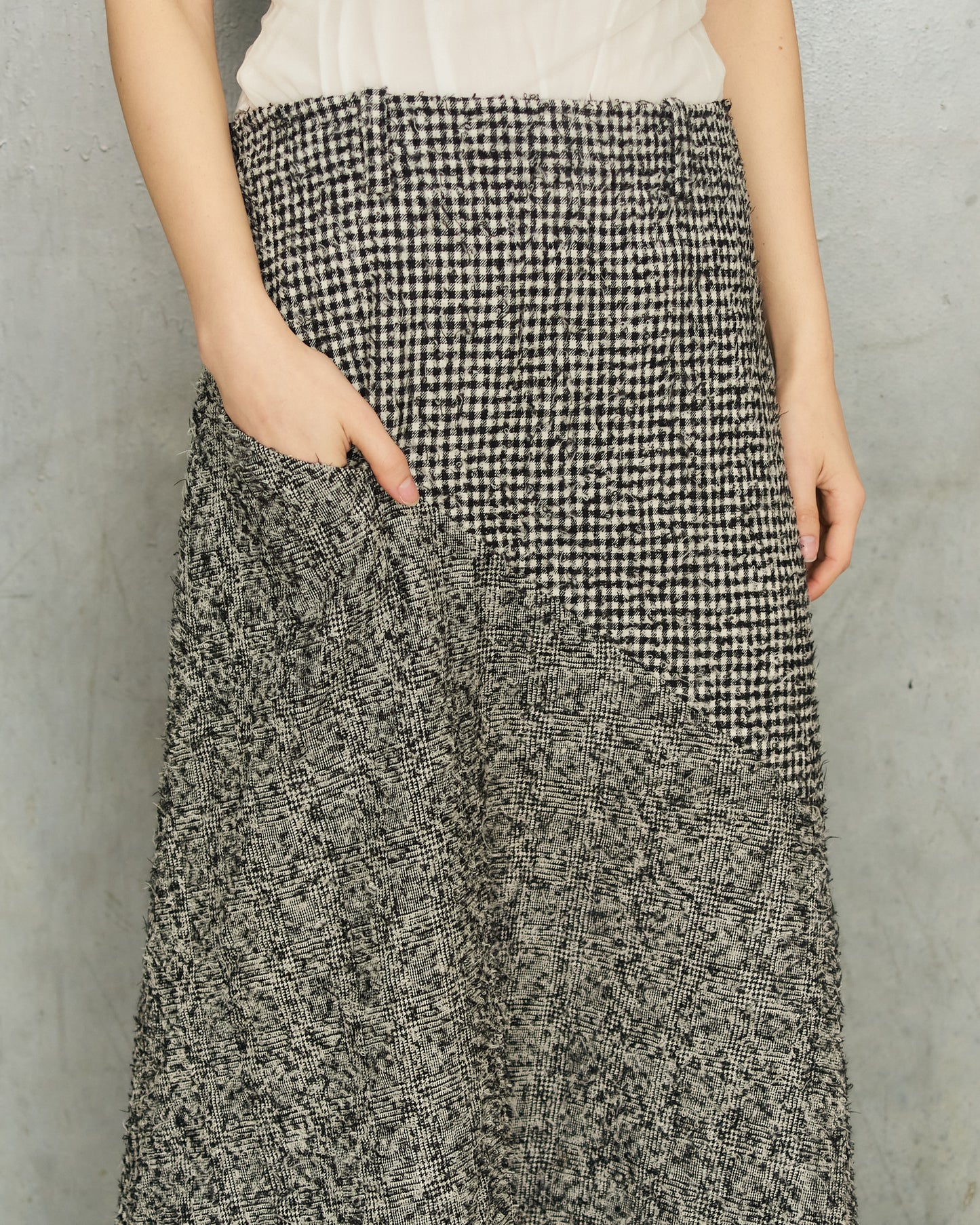 Y's Grey Herringbone Paneled Skirt