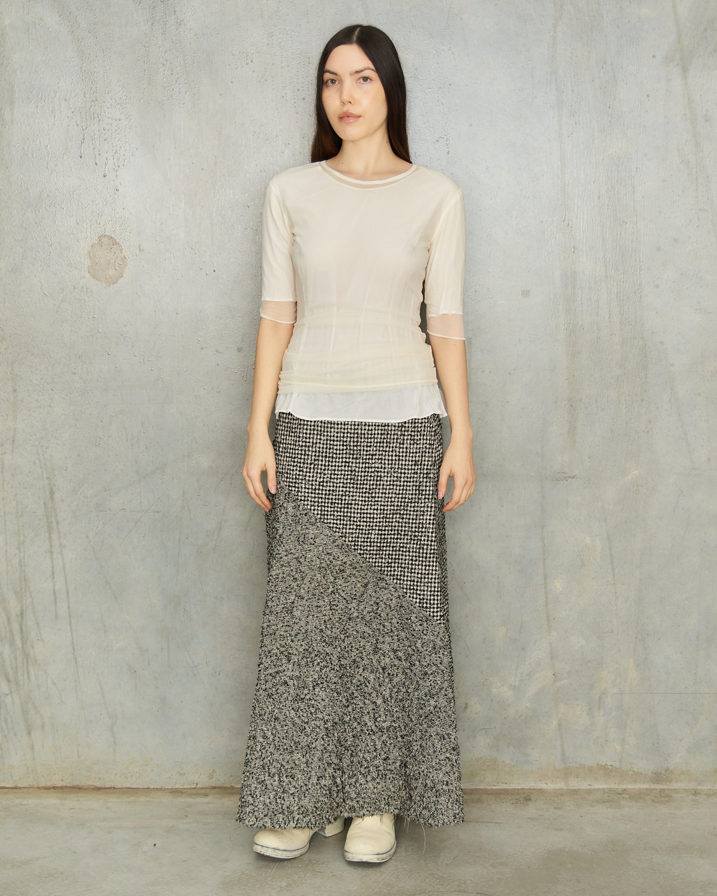 Y's Grey Herringbone Paneled Skirt