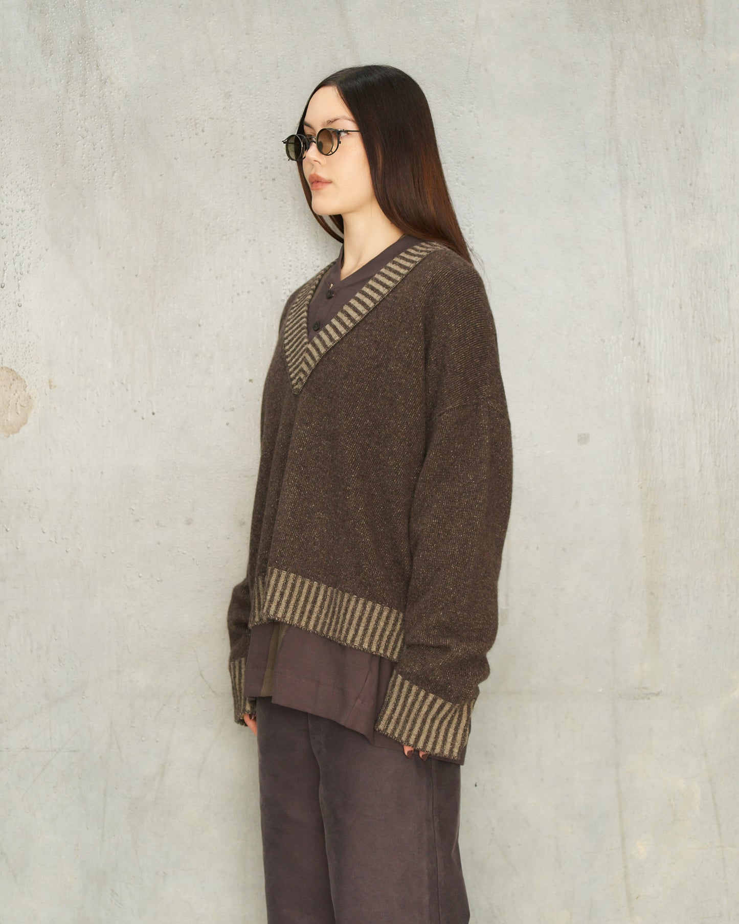Brown Grey V-Neck Sweater