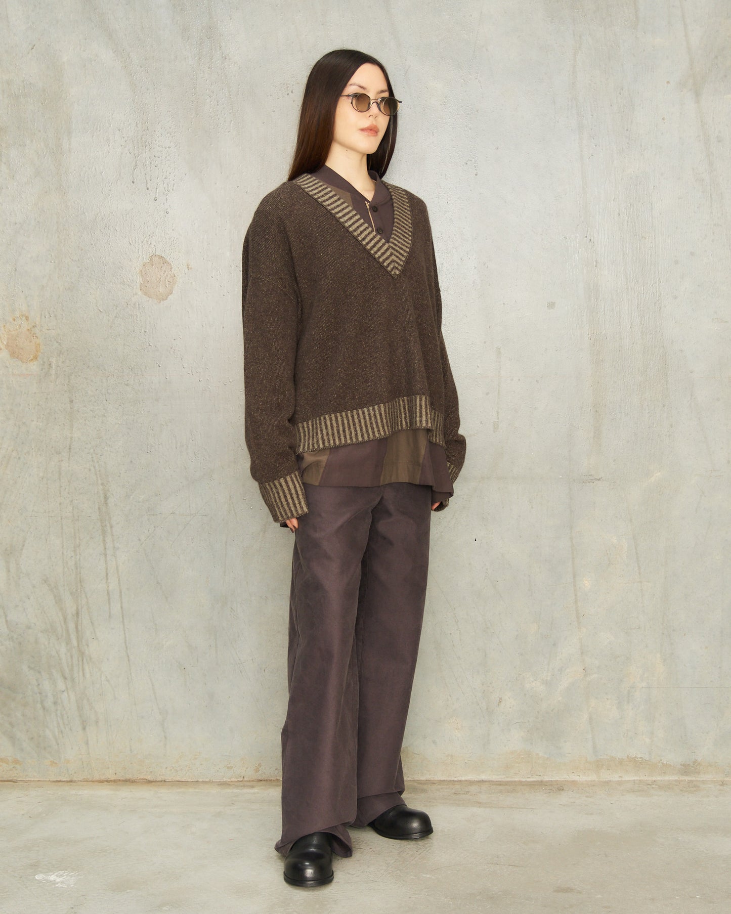 Brown Grey V-Neck Sweater