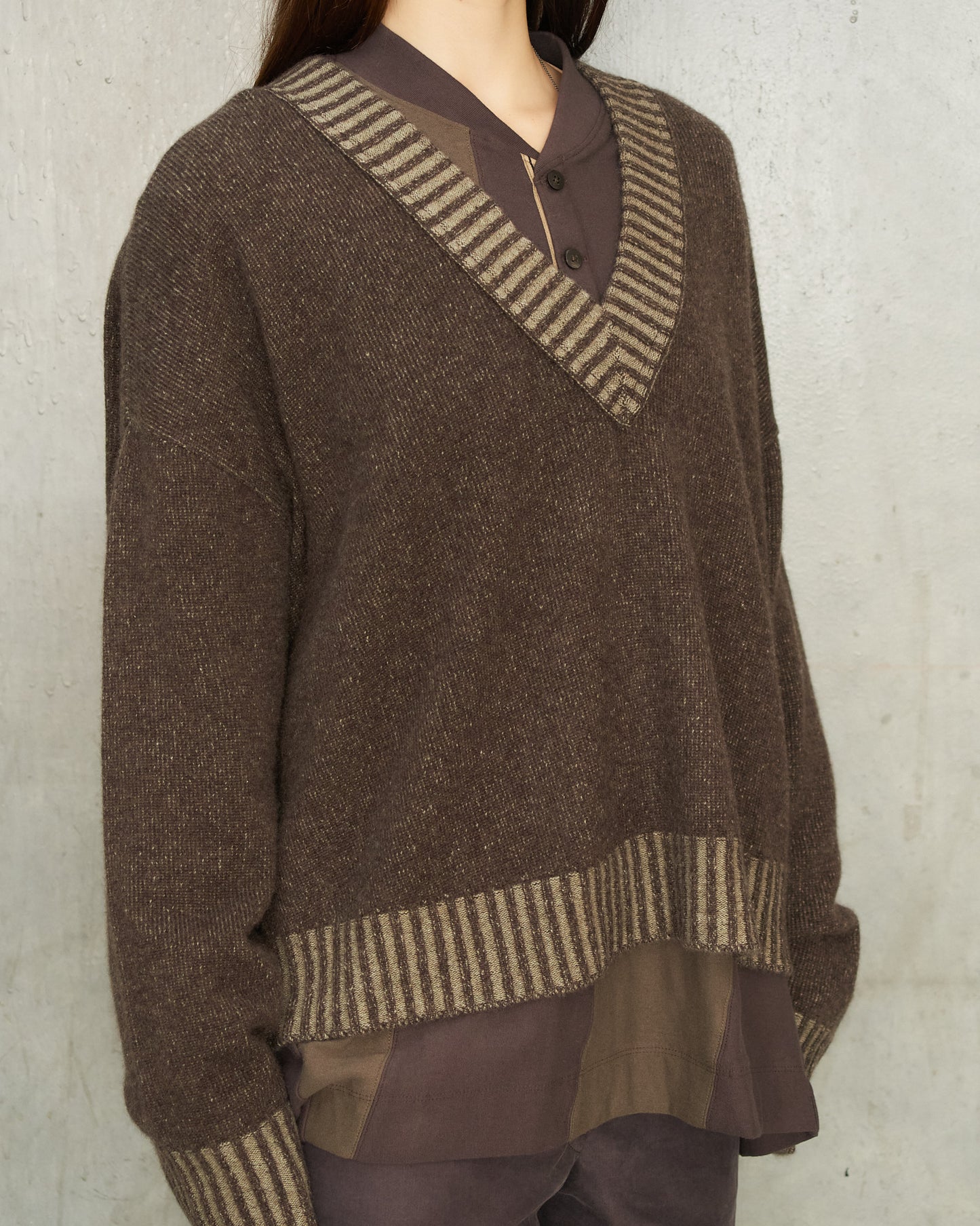 Brown Grey V-Neck Sweater