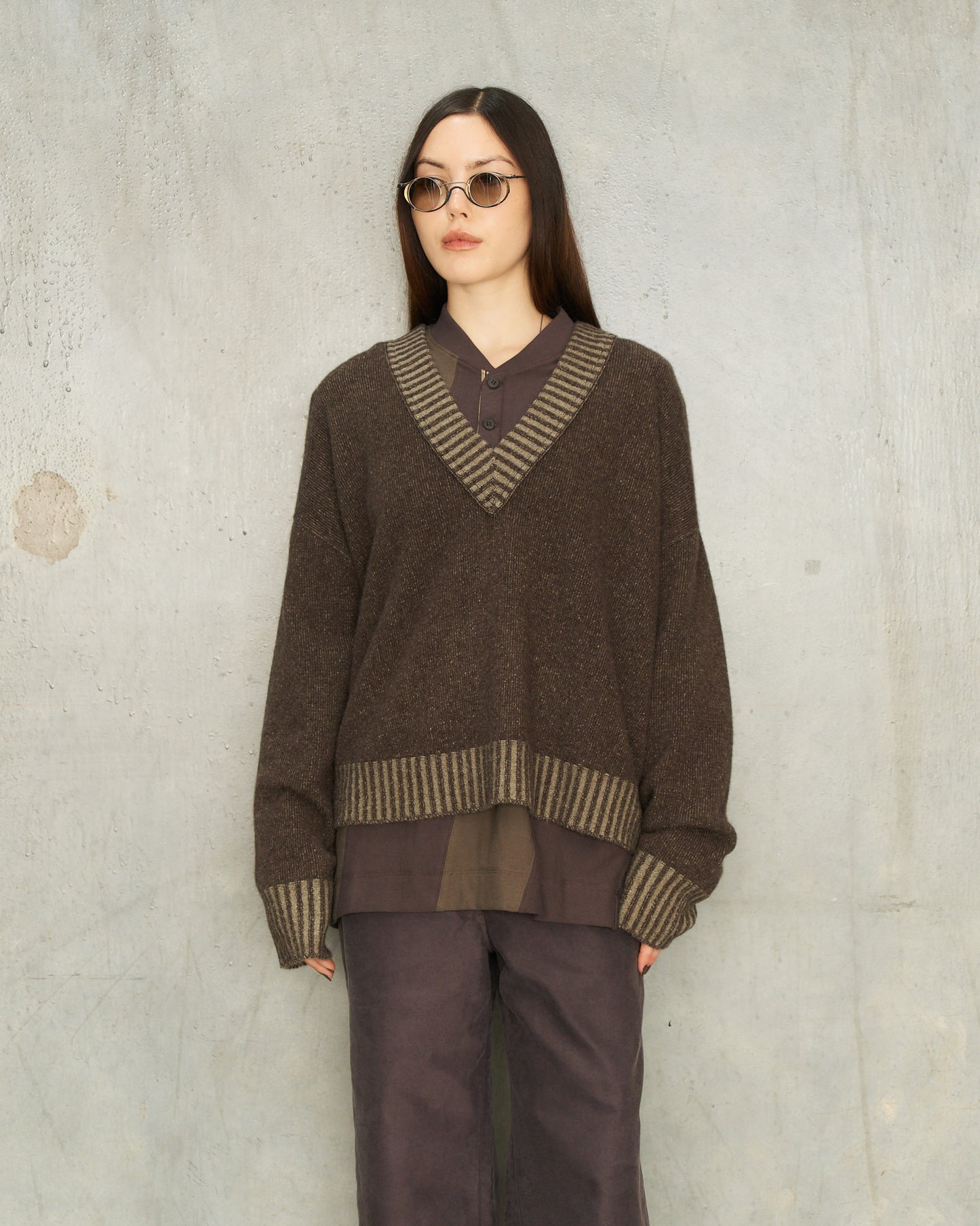 Brown Grey V-Neck Sweater