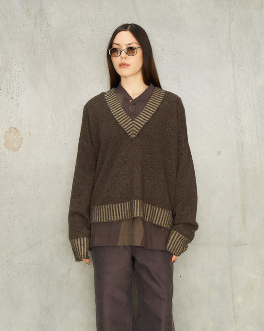 Brown Grey V-Neck Sweater