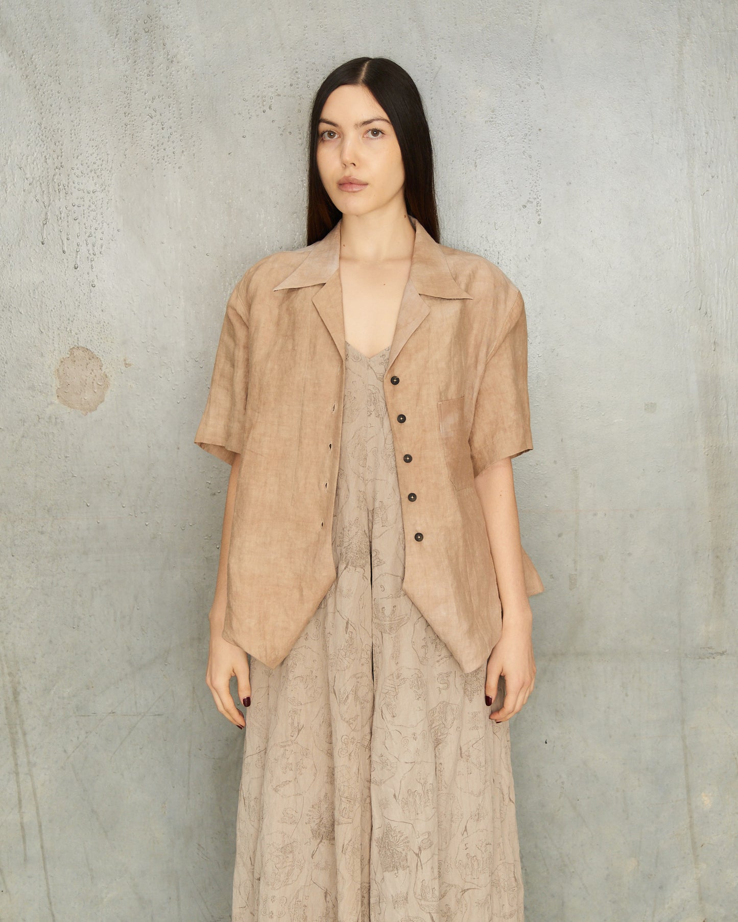 Mustard Linen Tie Short Sleeve Shirt
