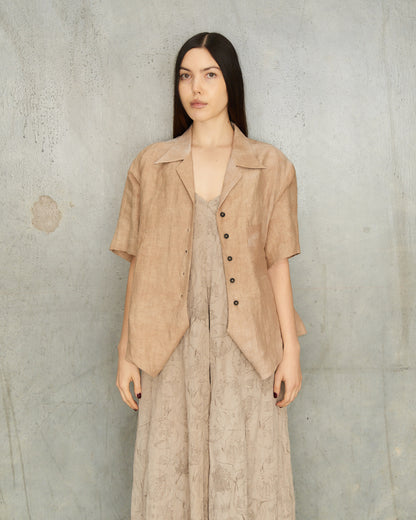 Mustard Linen Tie Short Sleeve Shirt