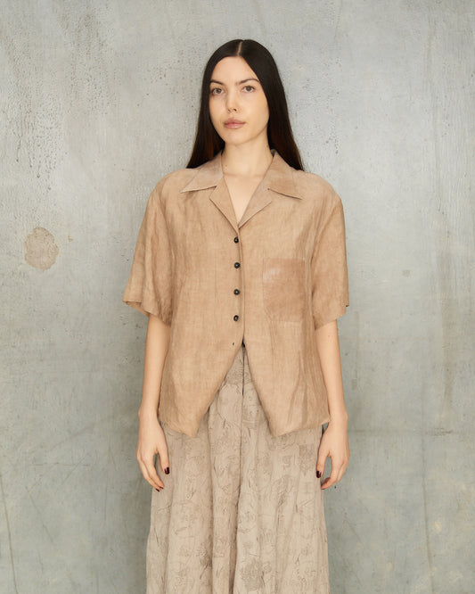 Mustard Linen Tie Short Sleeve Shirt