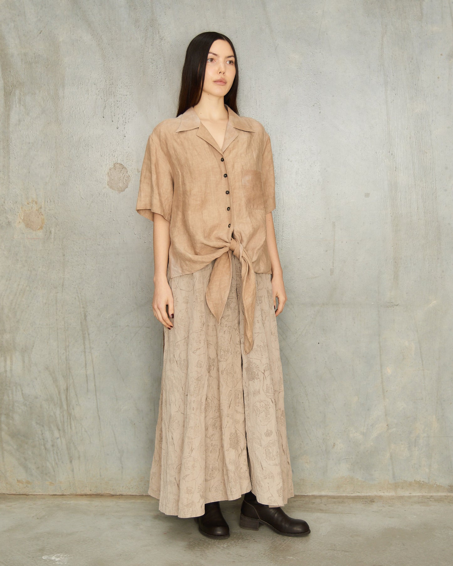 Mustard Linen Tie Short Sleeve Shirt