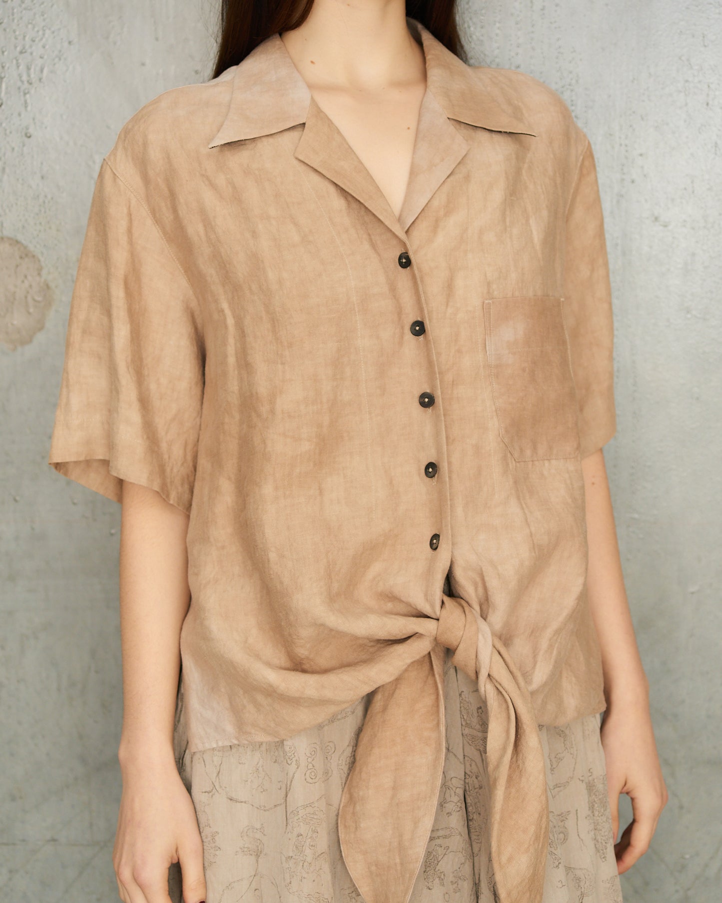 Mustard Linen Tie Short Sleeve Shirt