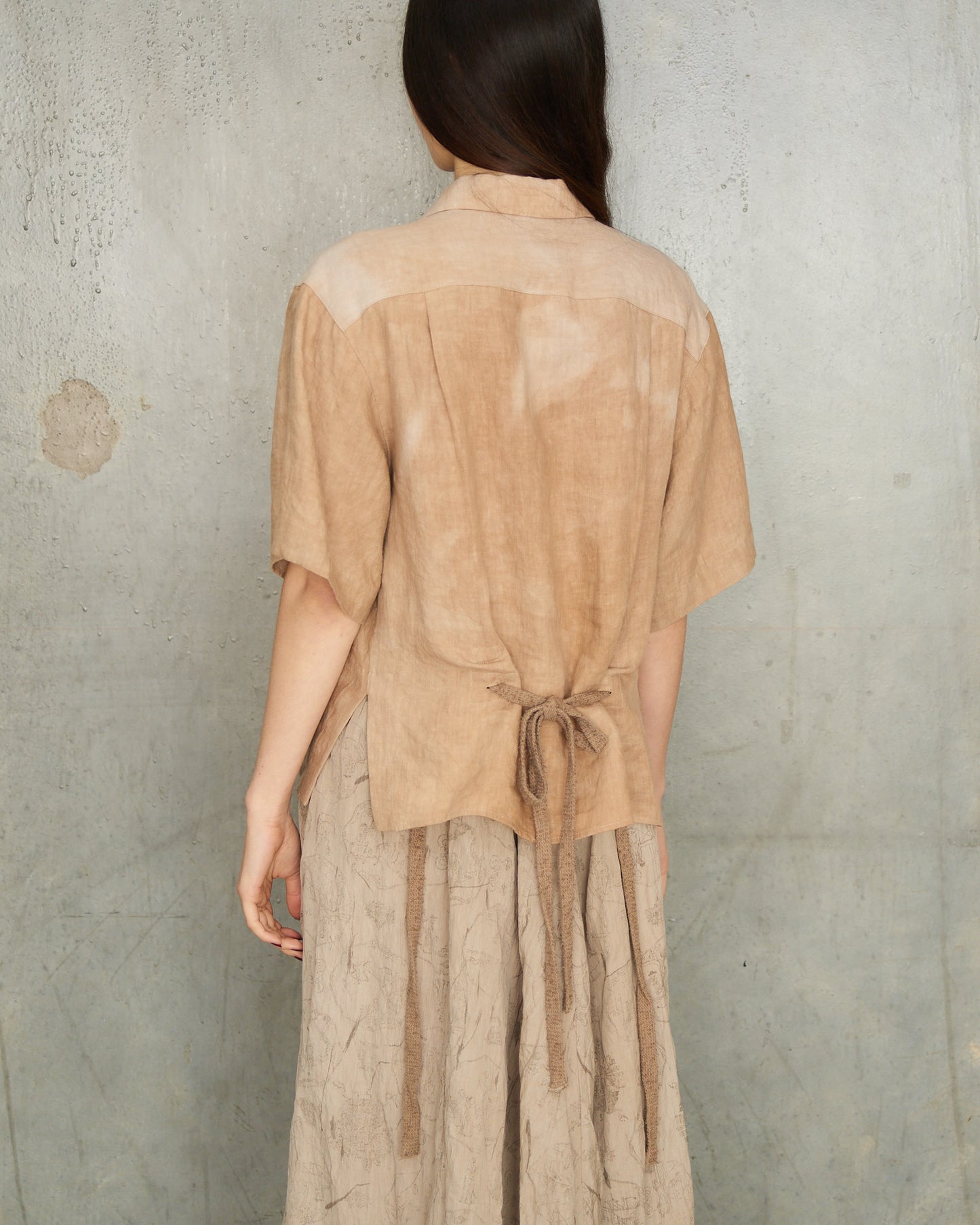 Mustard Linen Tie Short Sleeve Shirt