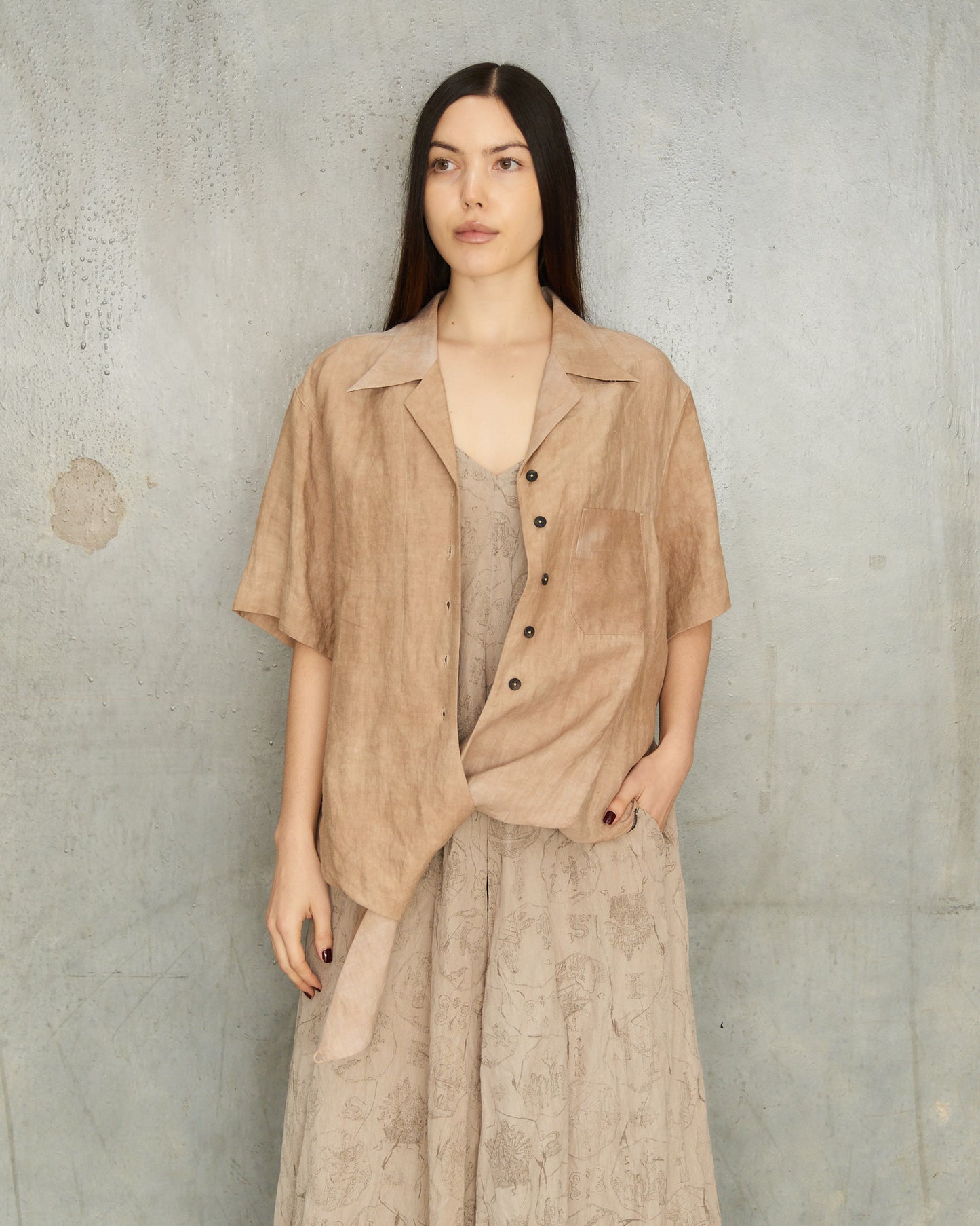 Mustard Linen Tie Short Sleeve Shirt