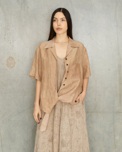 Mustard Linen Tie Short Sleeve Shirt