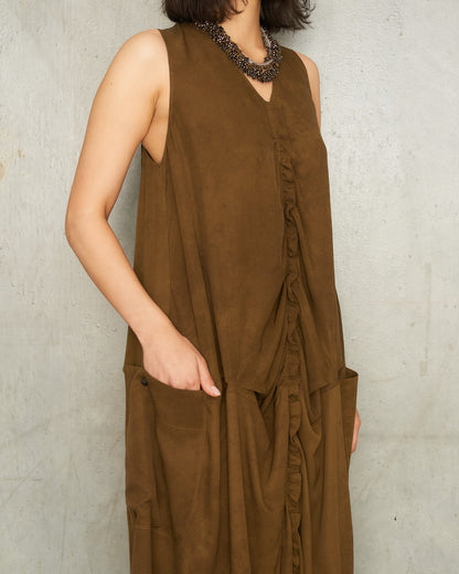 Olive Sleeveless Gathered Dress