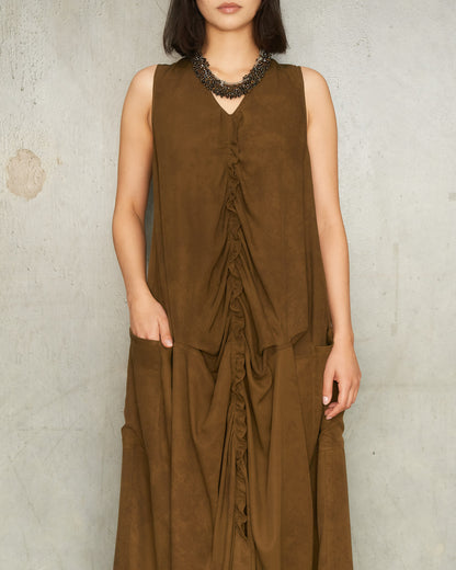 Olive Sleeveless Gathered Dress