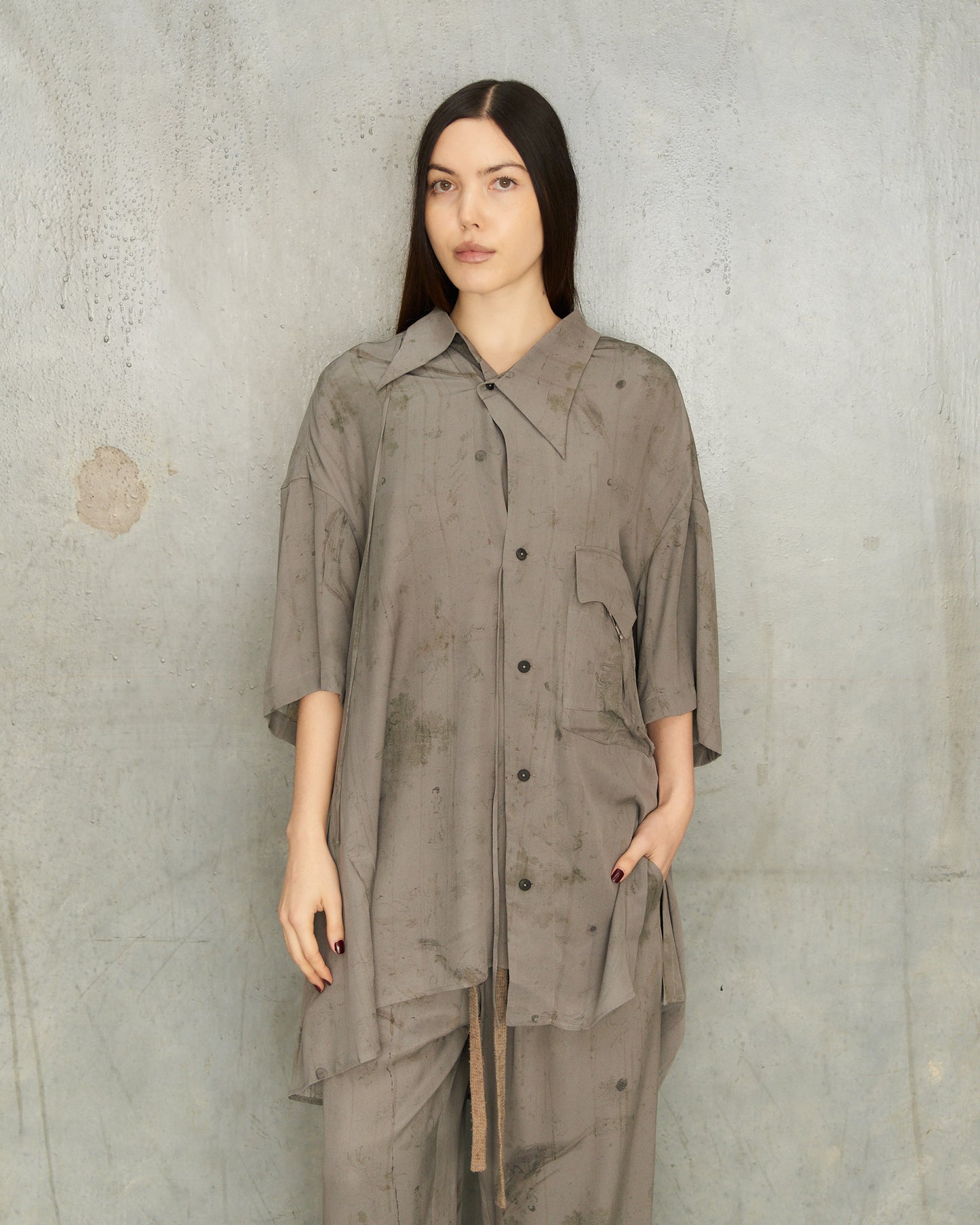 Smoke Grey Silk Asymmetric Shirt