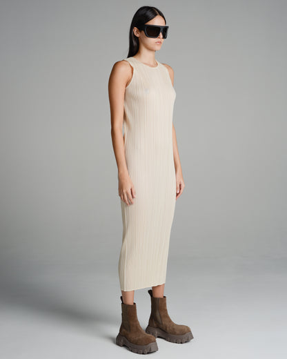 Basic Light Beige Pleated Tank Dress