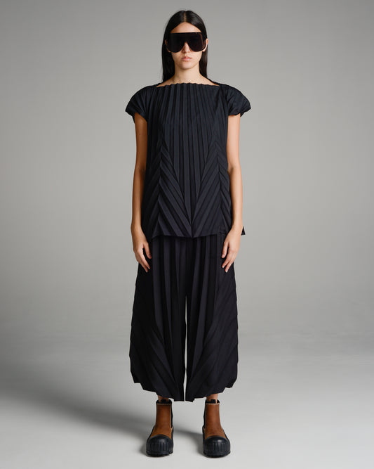 Black Leaf Pleats Pants