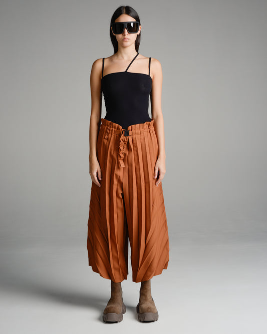 Brown Leaf Pleats Pants