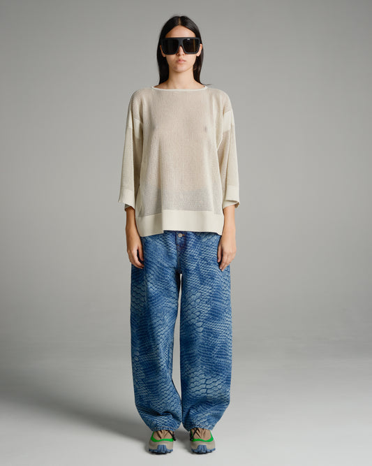 Cream Mesh Washi Knit Mid Sleeve Top