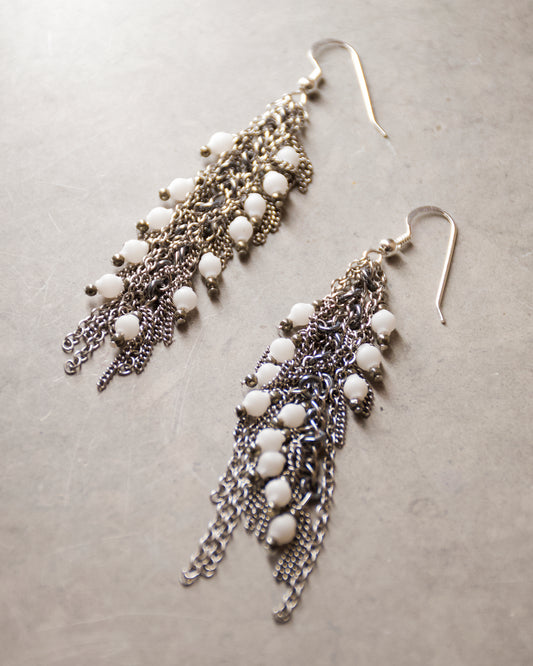 White Glass Bead and Steel Chain Earrings